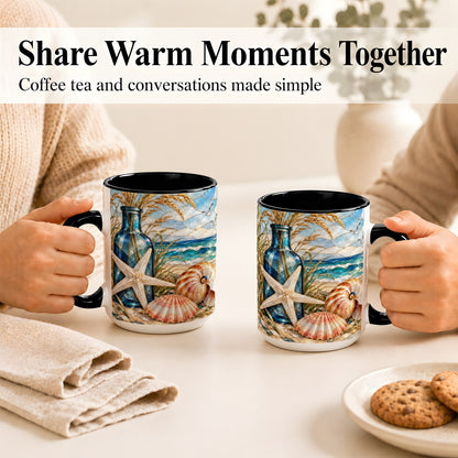 #pl[15oz|Black] Coastal Seashell Coffee Mug, Stained Glass Style Mug, Ceramic Cup