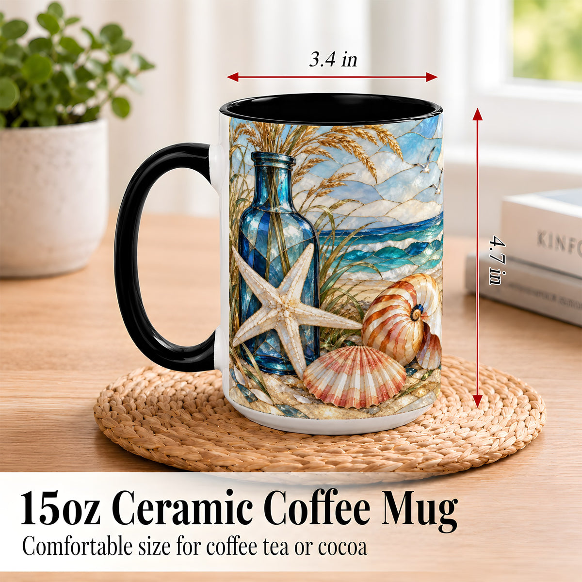 #pl[15oz|Black] Coastal Seashell Coffee Mug, Stained Glass Style Mug, Ceramic Cup