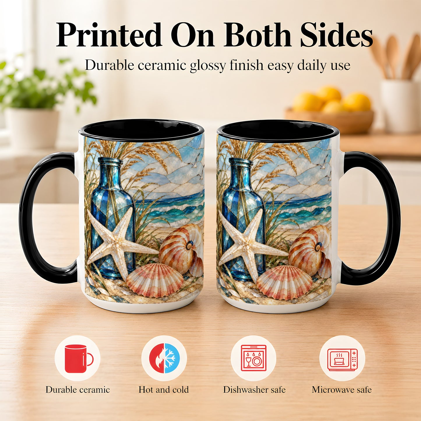 #pl[15oz|Black] Coastal Seashell Coffee Mug, Stained Glass Style Mug, Ceramic Cup