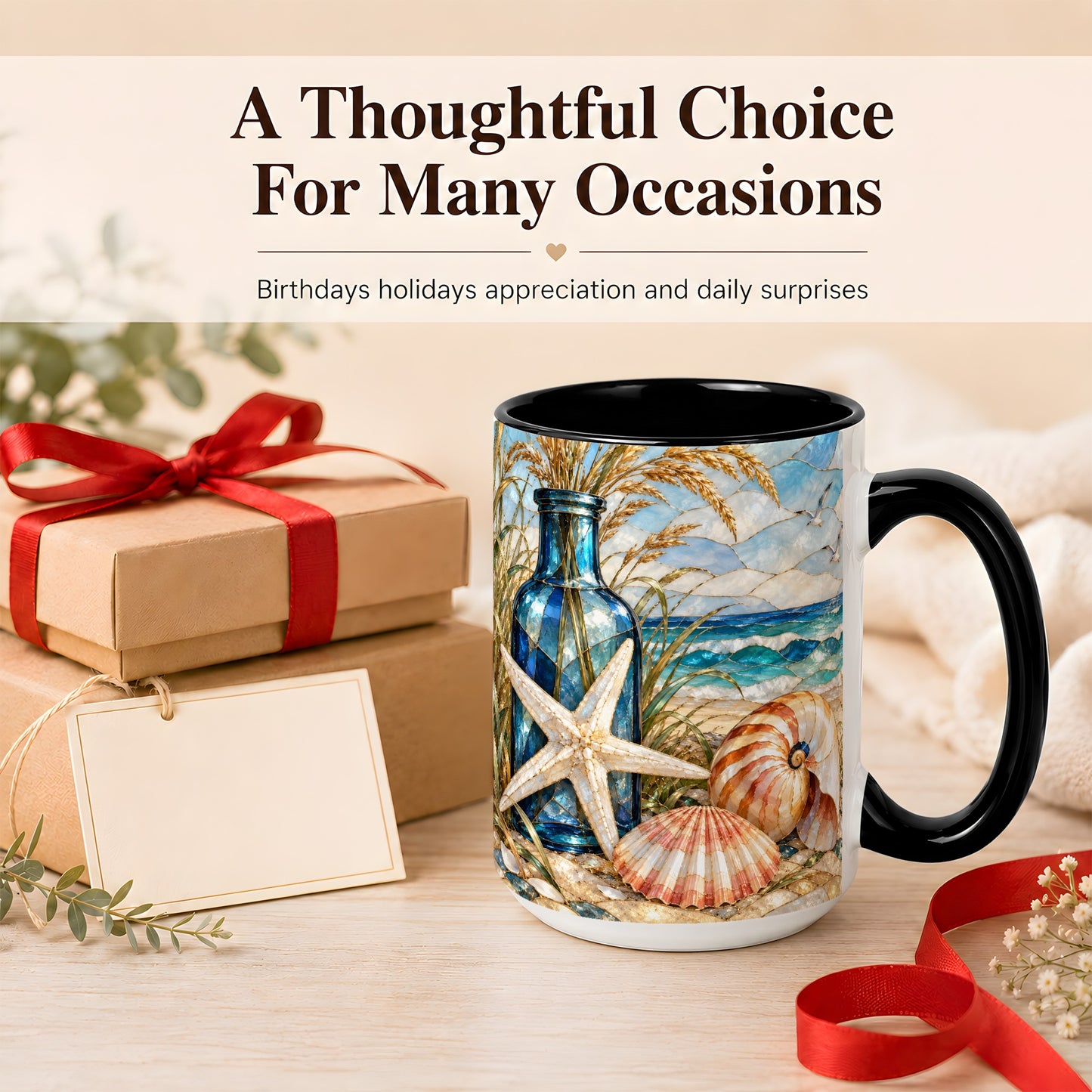#pl[15oz|Black] Coastal Seashell Coffee Mug, Stained Glass Style Mug, Ceramic Cup