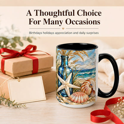 #pl[15oz|Black] Coastal Seashell Coffee Mug, Stained Glass Style Mug, Ceramic Cup
