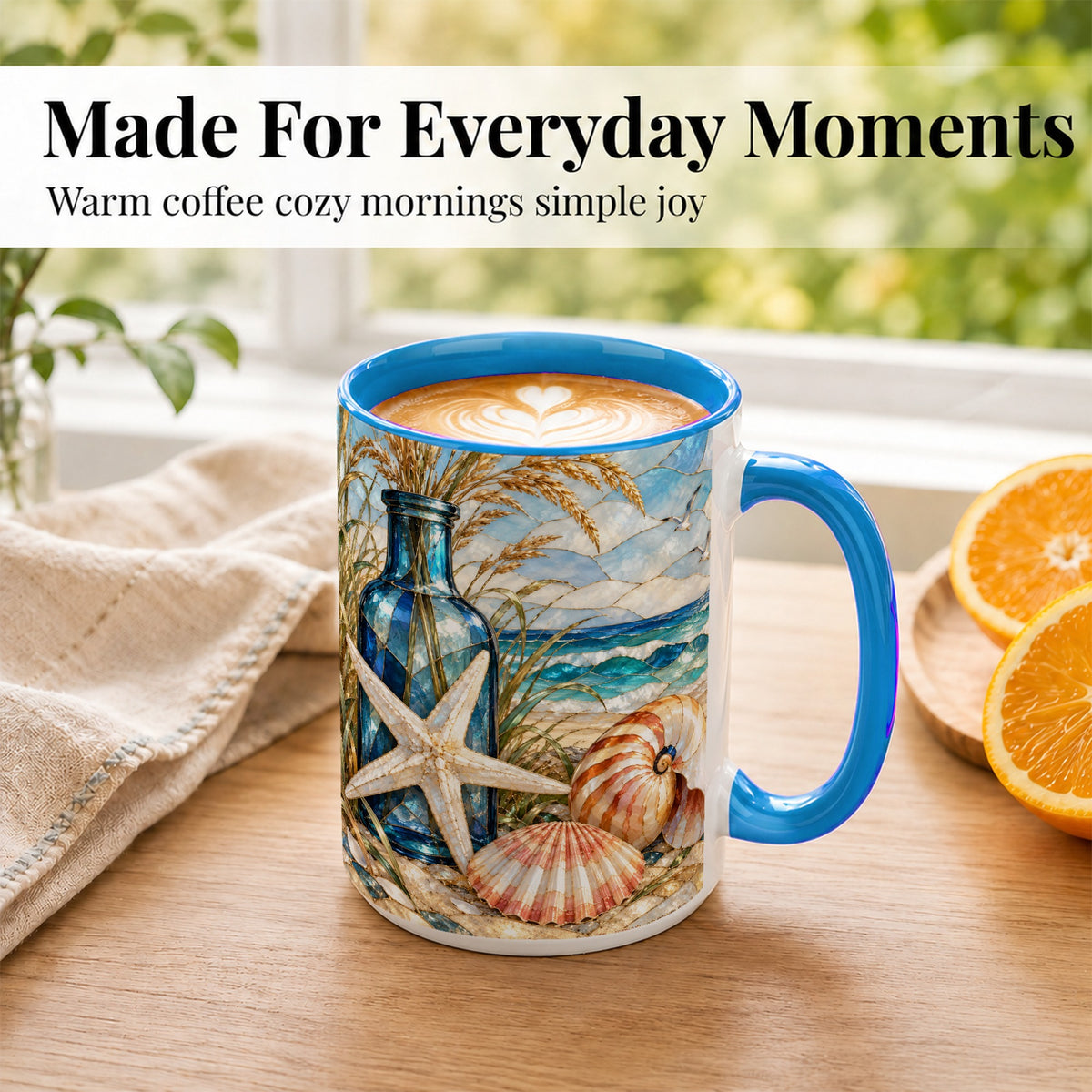 #pl[15oz|Blue] Coastal Seashell Coffee Mug, Stained Glass Style Mug, Ceramic Cup