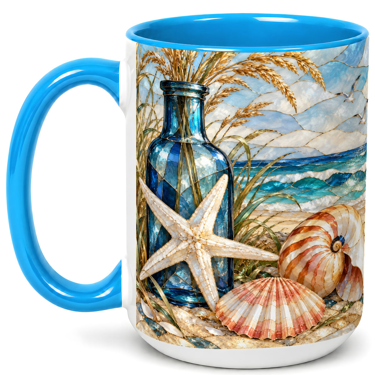 #pl[15oz|Blue] Coastal Seashell Coffee Mug, Stained Glass Style Mug, Ceramic Cup