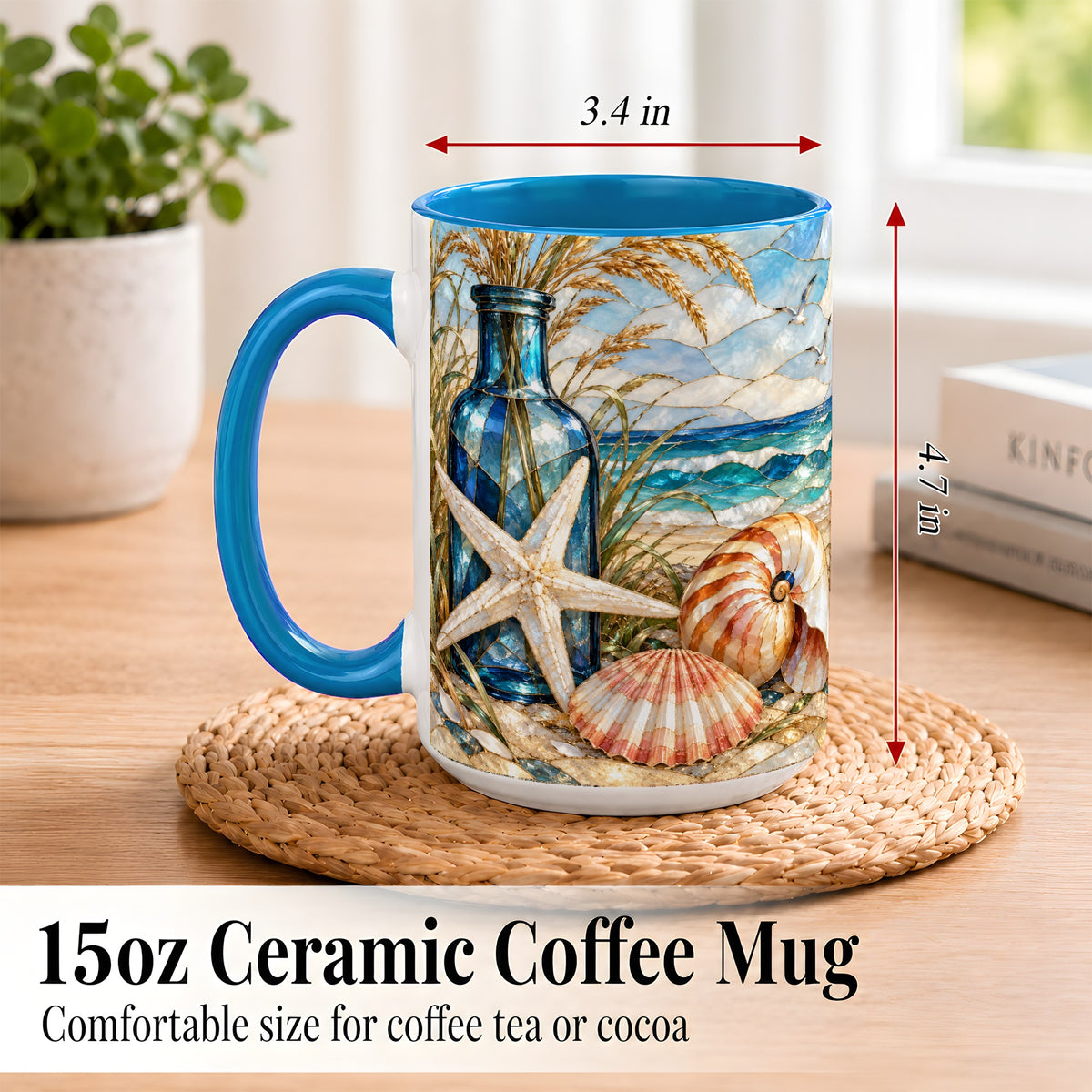 #pl[15oz|Blue] Coastal Seashell Coffee Mug, Stained Glass Style Mug, Ceramic Cup