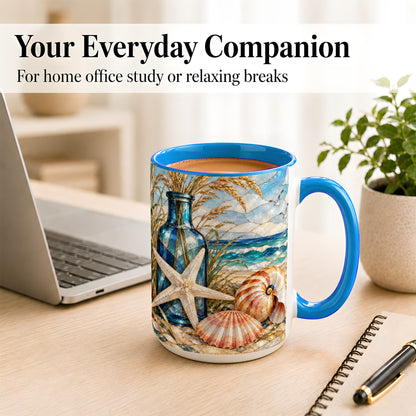 #pl[15oz|Blue] Coastal Seashell Coffee Mug, Stained Glass Style Mug, Ceramic Cup