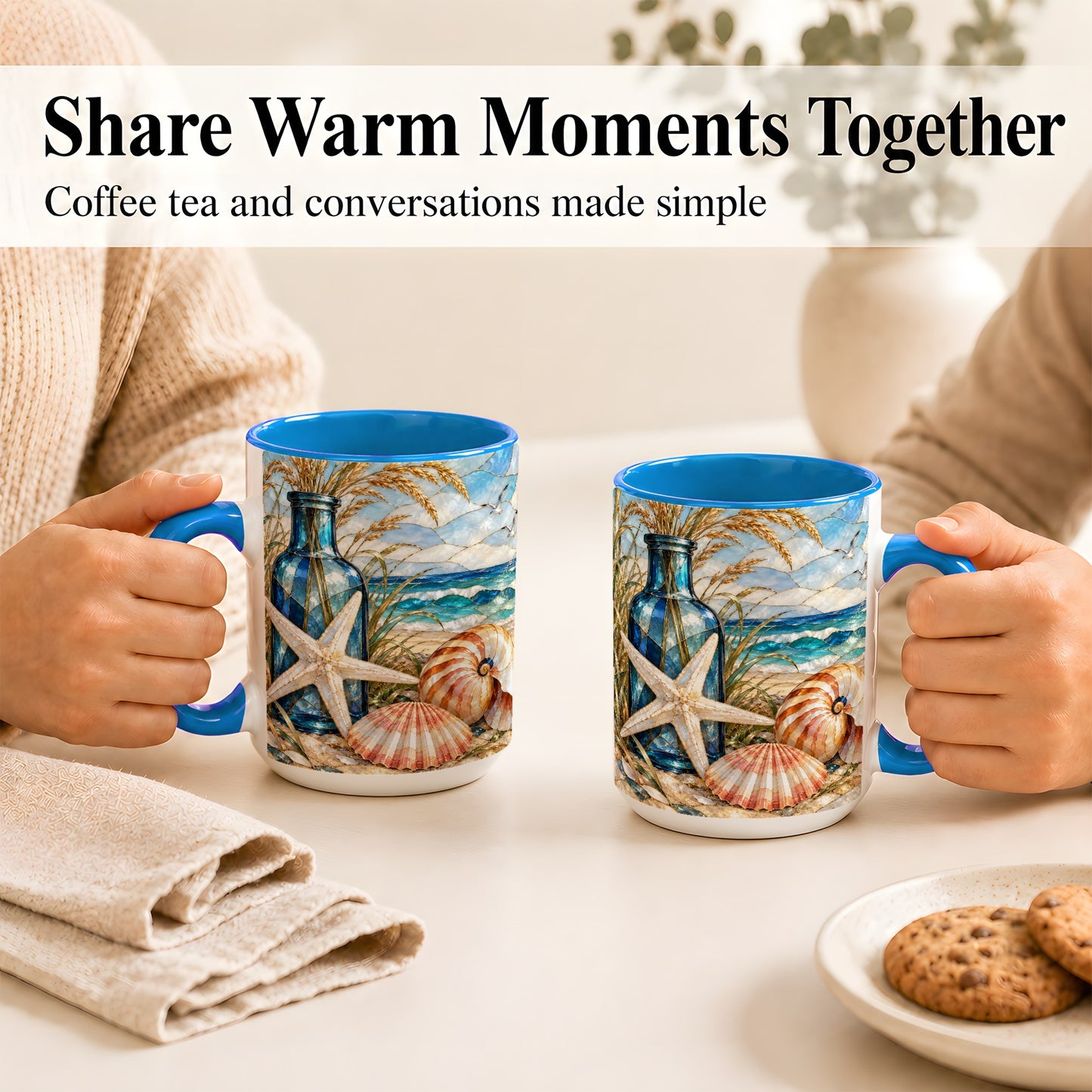 #pl[15oz|Blue] Coastal Seashell Coffee Mug, Stained Glass Style Mug, Ceramic Cup