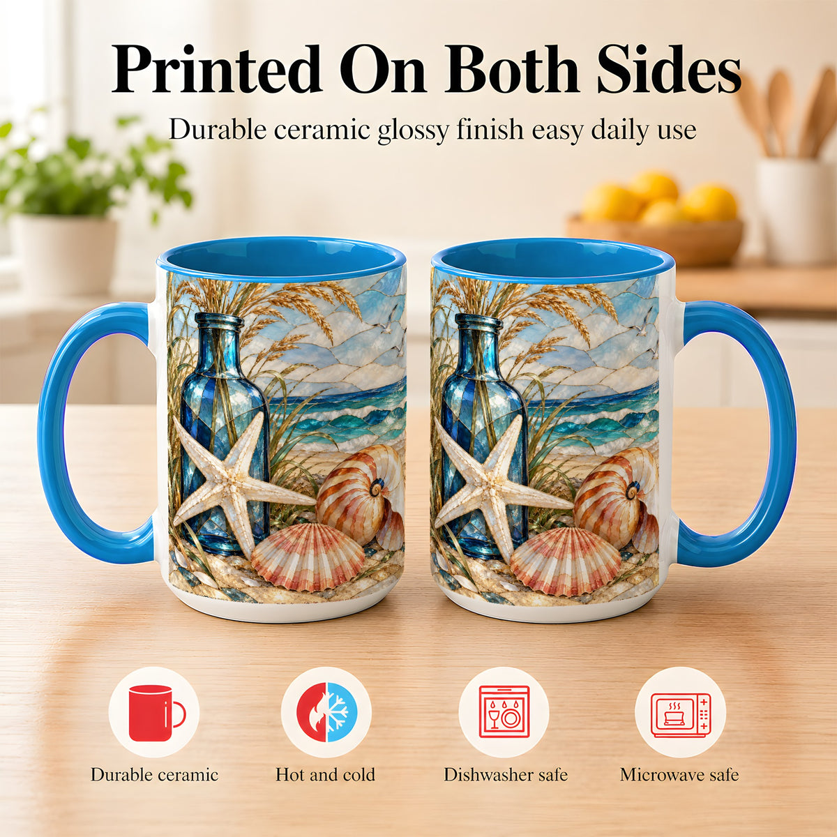#pl[15oz|Blue] Coastal Seashell Coffee Mug, Stained Glass Style Mug, Ceramic Cup