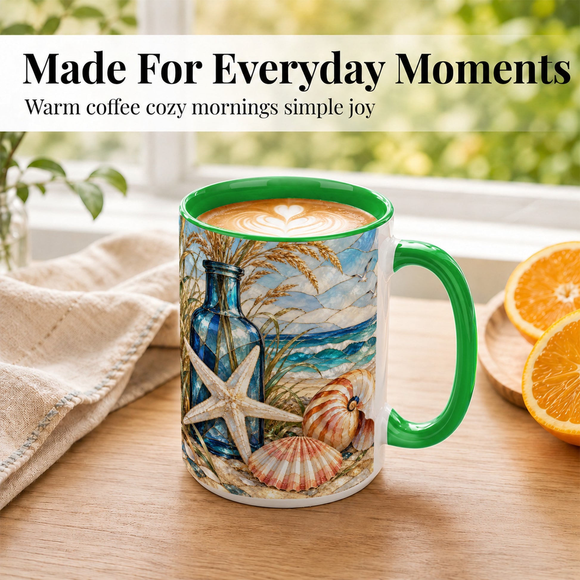 #pl[15oz|Green] Coastal Seashell Coffee Mug, Stained Glass Style Mug, Ceramic Cup