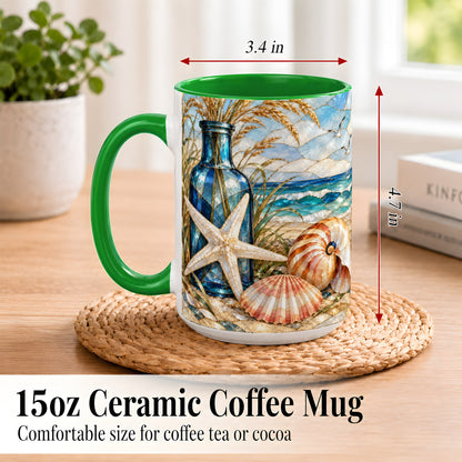 #pl[15oz|Green] Coastal Seashell Coffee Mug, Stained Glass Style Mug, Ceramic Cup