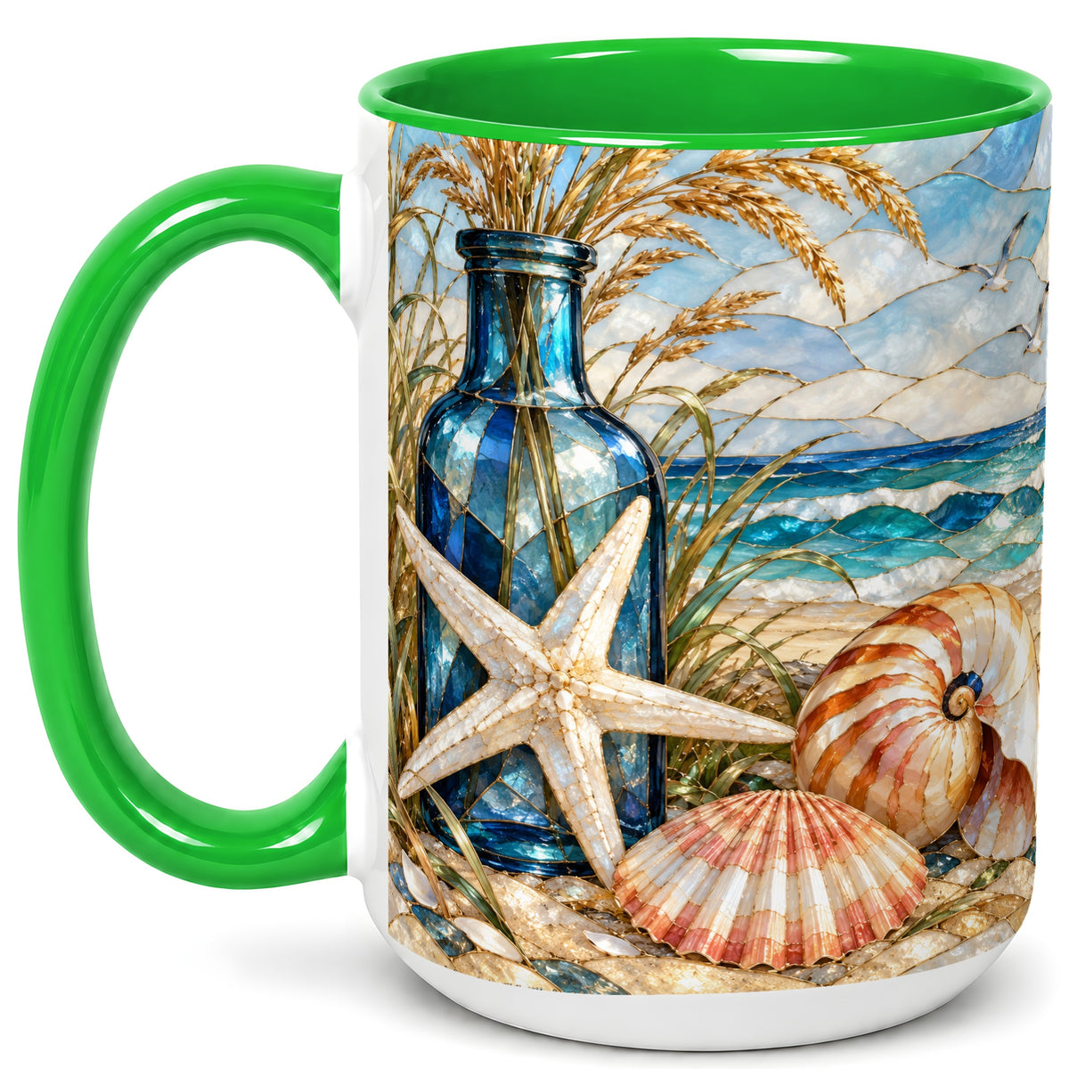 #pl[15oz|Green] Coastal Seashell Coffee Mug, Stained Glass Style Mug, Ceramic Cup