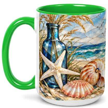 #pl[15oz|Green] Coastal Seashell Coffee Mug, Stained Glass Style Mug, Ceramic Cup