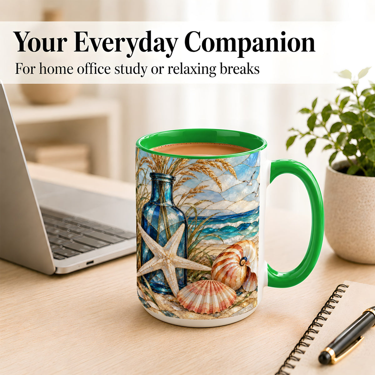 #pl[15oz|Green] Coastal Seashell Coffee Mug, Stained Glass Style Mug, Ceramic Cup