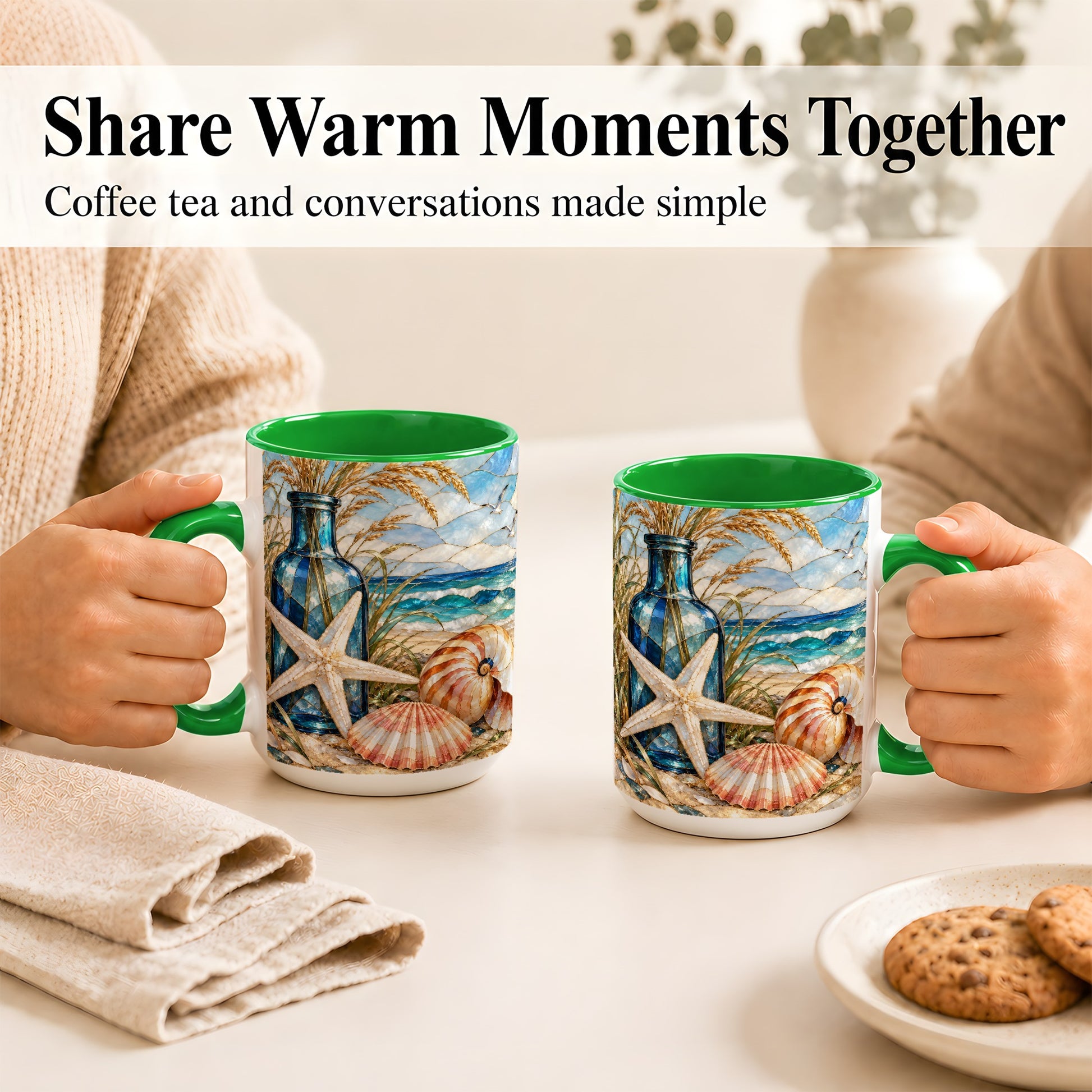 #pl[15oz|Green] Coastal Seashell Coffee Mug, Stained Glass Style Mug, Ceramic Cup