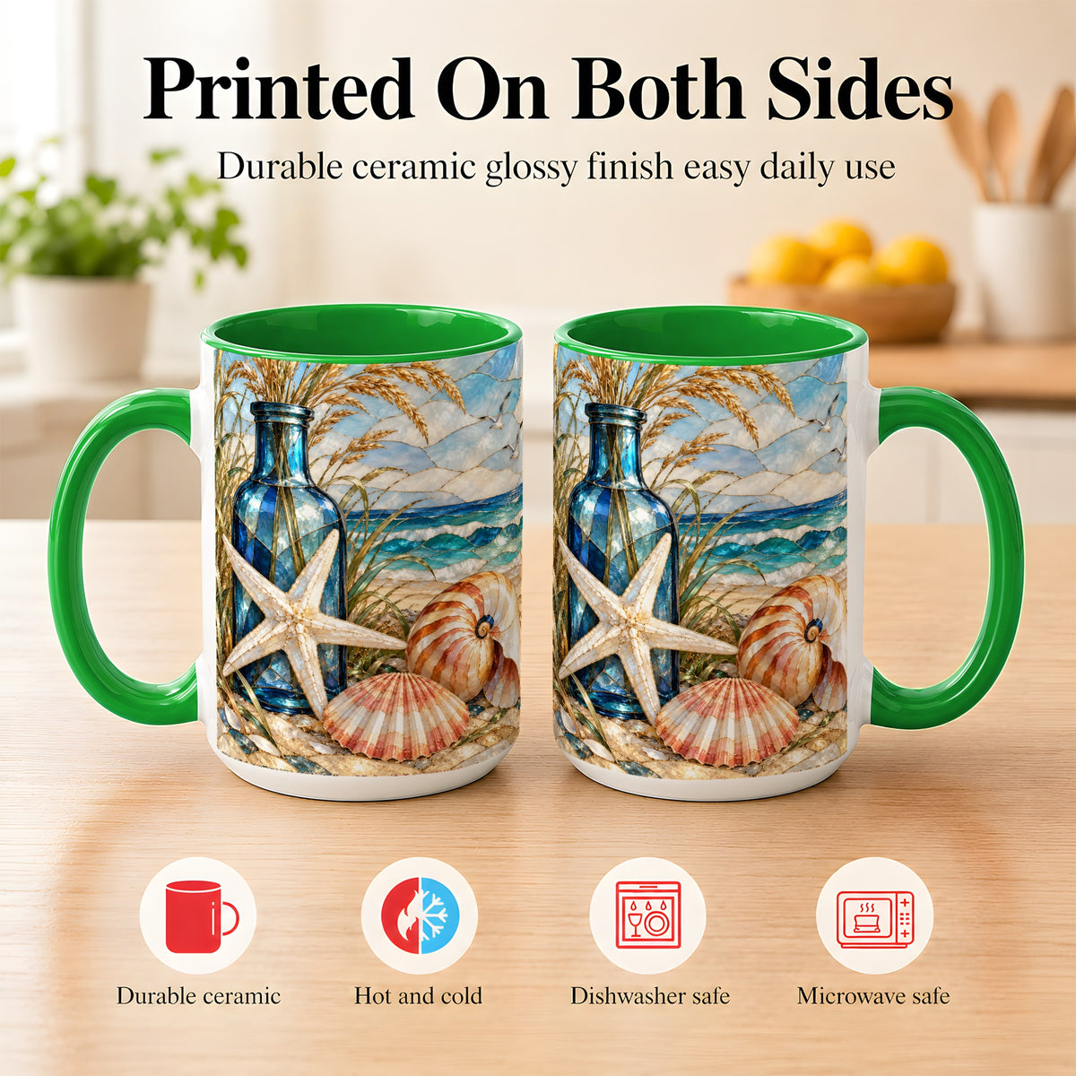 #pl[15oz|Green] Coastal Seashell Coffee Mug, Stained Glass Style Mug, Ceramic Cup