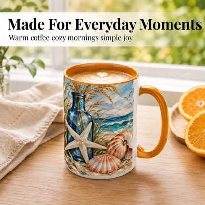 #pl[15oz|Orange] Coastal Seashell Coffee Mug, Stained Glass Style Mug, Ceramic Cup