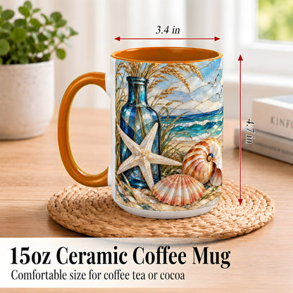 #pl[15oz|Orange] Coastal Seashell Coffee Mug, Stained Glass Style Mug, Ceramic Cup
