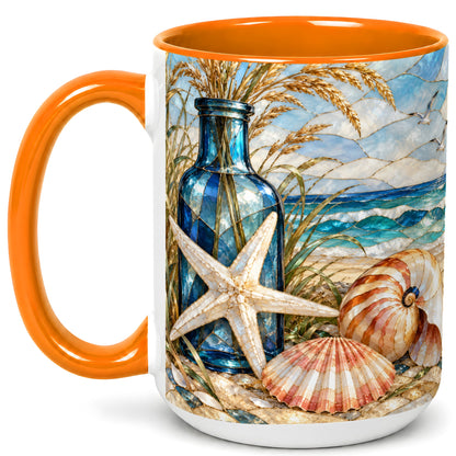 #pl[15oz|Orange] Coastal Seashell Coffee Mug, Stained Glass Style Mug, Ceramic Cup