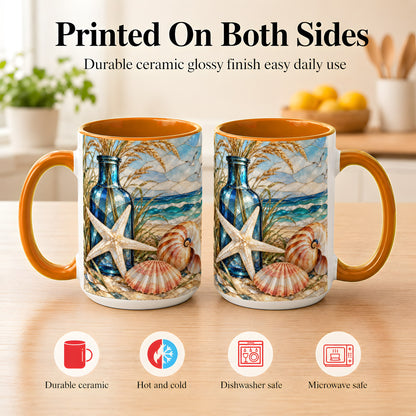 #pl[15oz|Orange] Coastal Seashell Coffee Mug, Stained Glass Style Mug, Ceramic Cup