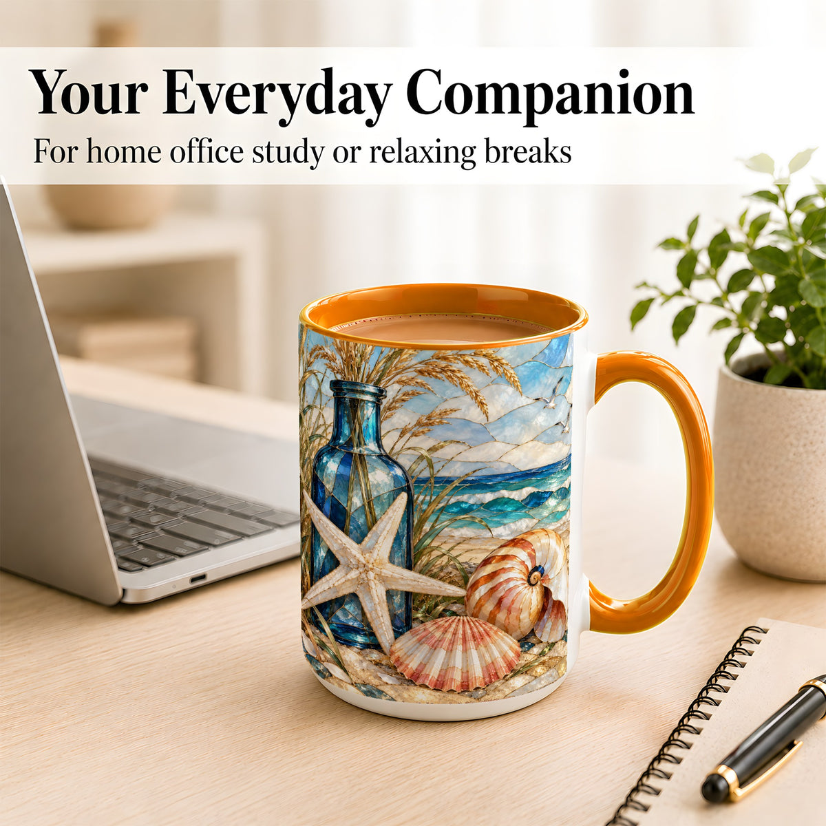 #pl[15oz|Orange] Coastal Seashell Coffee Mug, Stained Glass Style Mug, Ceramic Cup