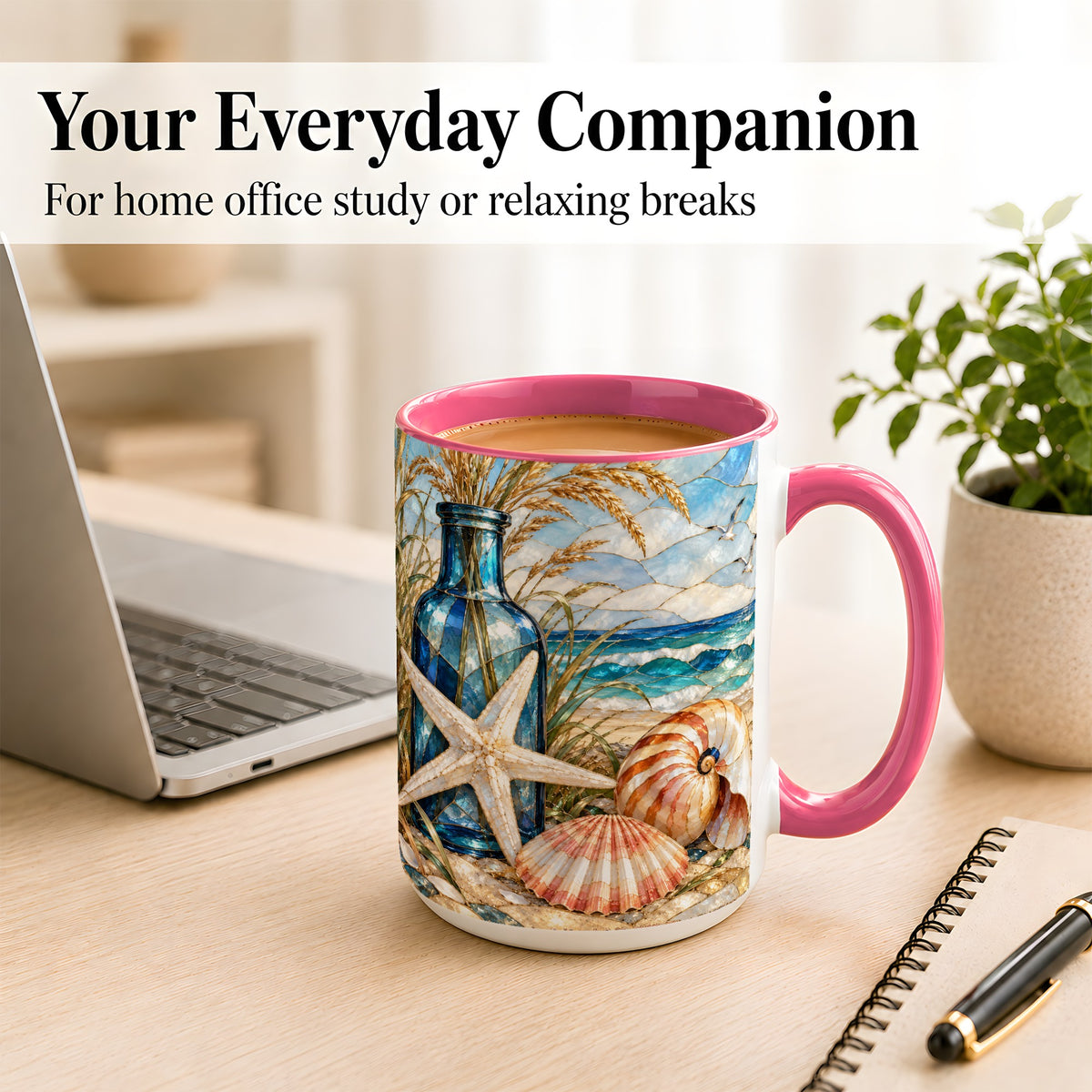 #pl[15oz|Pink] Coastal Seashell Coffee Mug, Stained Glass Style Mug, Ceramic Cup