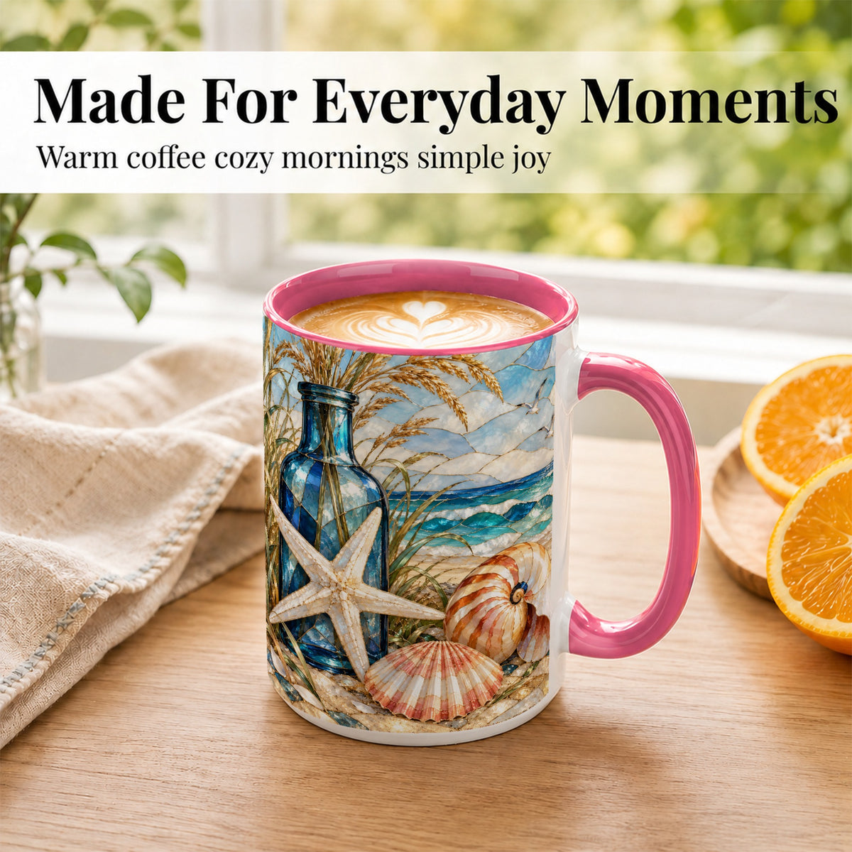 #pl[15oz|Pink] Coastal Seashell Coffee Mug, Stained Glass Style Mug, Ceramic Cup