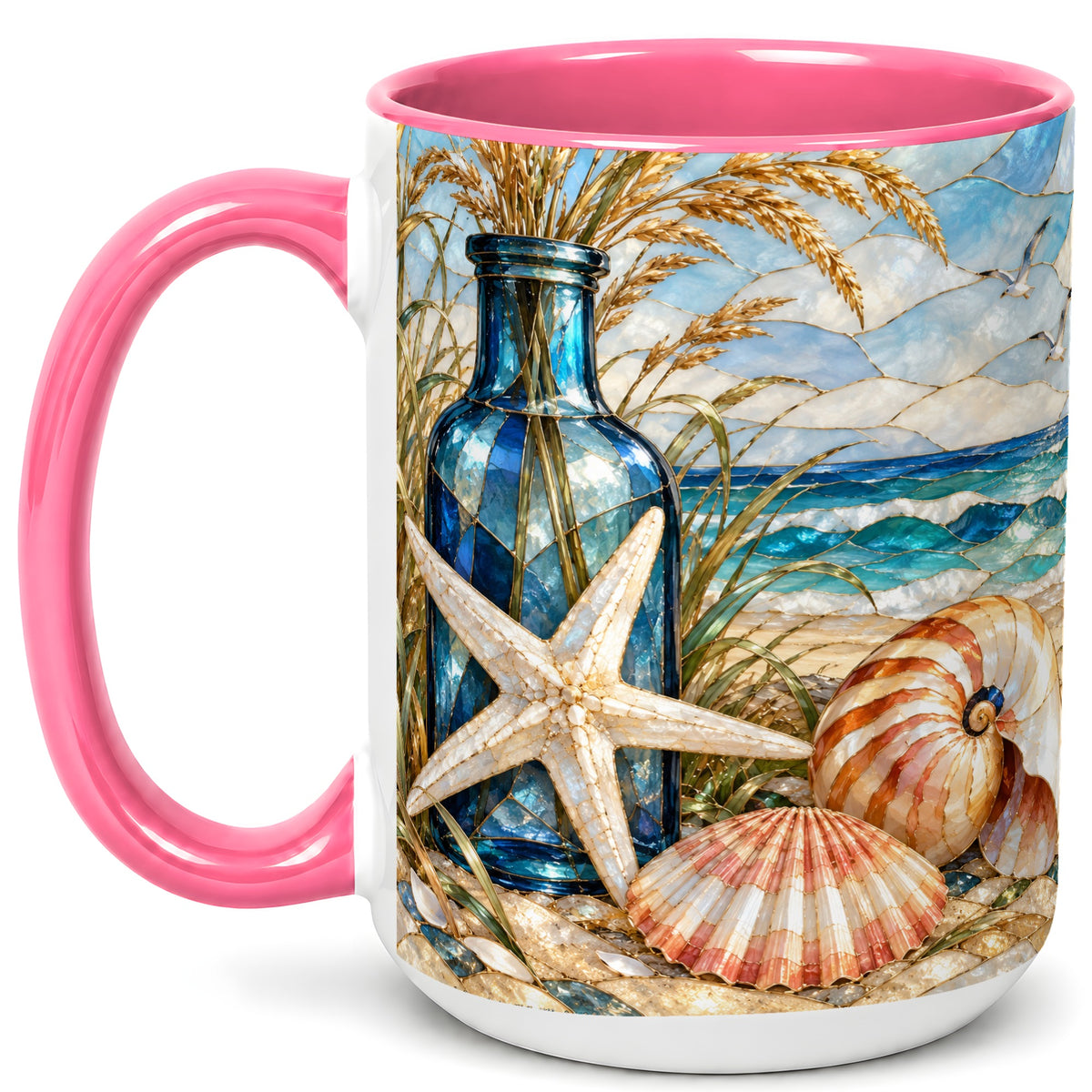#pl[15oz|Pink] Coastal Seashell Coffee Mug, Stained Glass Style Mug, Ceramic Cup