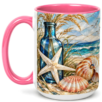 #pl[15oz|Pink] Coastal Seashell Coffee Mug, Stained Glass Style Mug, Ceramic Cup
