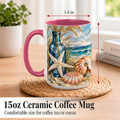 #pl[15oz|Pink] Coastal Seashell Coffee Mug, Stained Glass Style Mug, Ceramic Cup