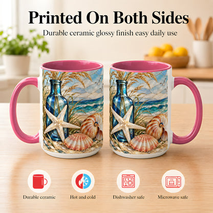 #pl[15oz|Pink] Coastal Seashell Coffee Mug, Stained Glass Style Mug, Ceramic Cup