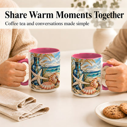 #pl[15oz|Pink] Coastal Seashell Coffee Mug, Stained Glass Style Mug, Ceramic Cup