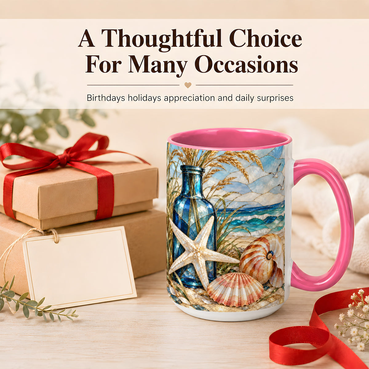 #pl[15oz|Pink] Coastal Seashell Coffee Mug, Stained Glass Style Mug, Ceramic Cup