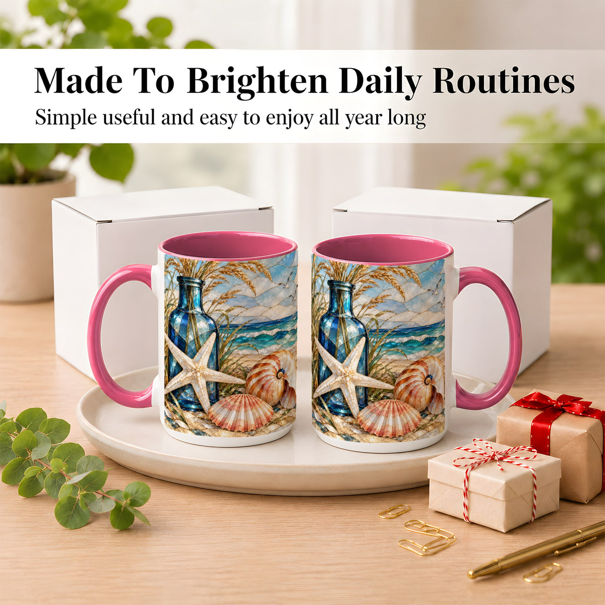 #pl[15oz|Pink] Coastal Seashell Coffee Mug, Stained Glass Style Mug, Ceramic Cup