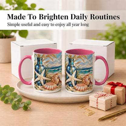#pl[15oz|Pink] Coastal Seashell Coffee Mug, Stained Glass Style Mug, Ceramic Cup