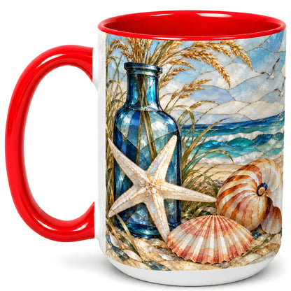 #pl[15oz|Red] Coastal Seashell Coffee Mug, Stained Glass Style Mug, Ceramic Cup
