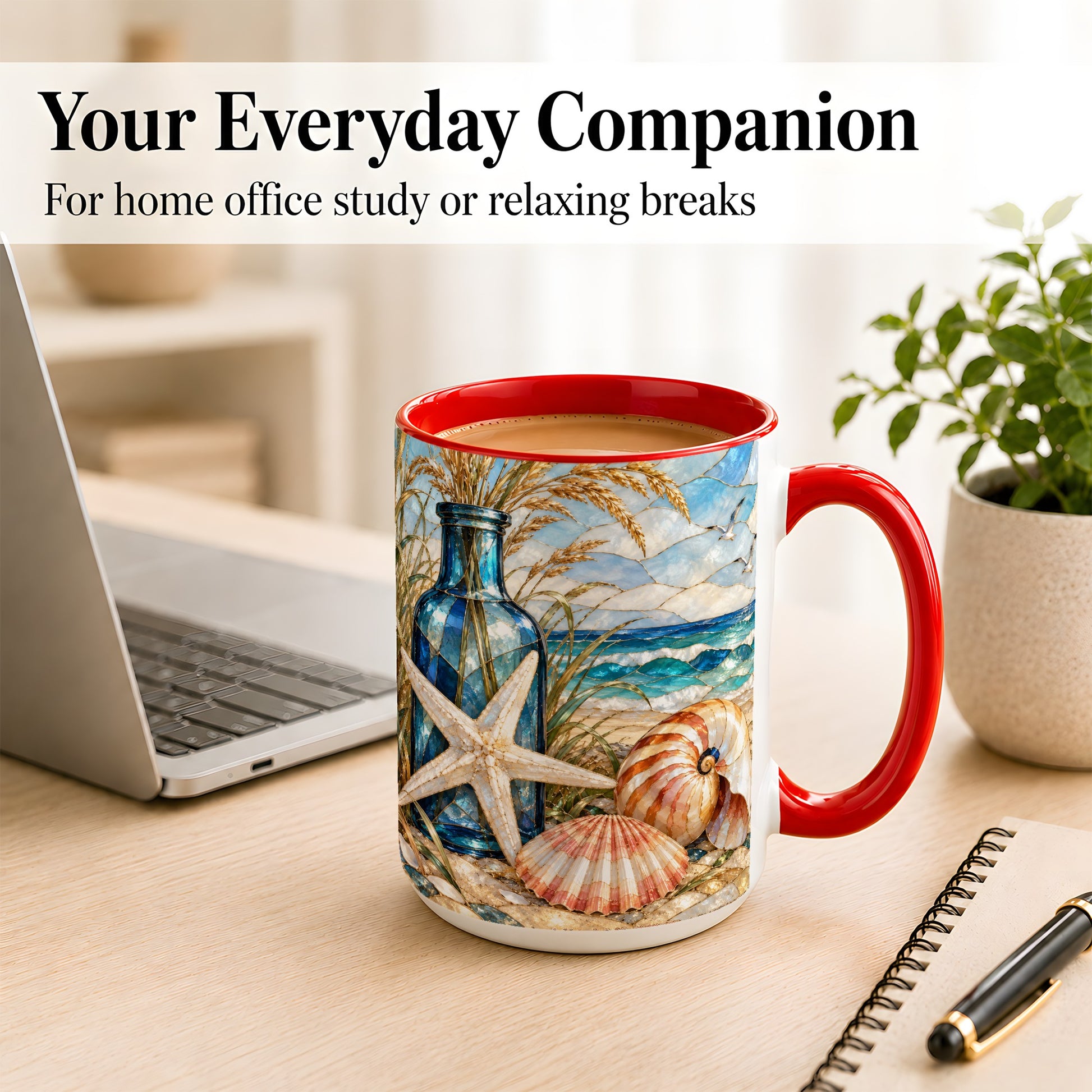 #pl[15oz|Red] Coastal Seashell Coffee Mug, Stained Glass Style Mug, Ceramic Cup