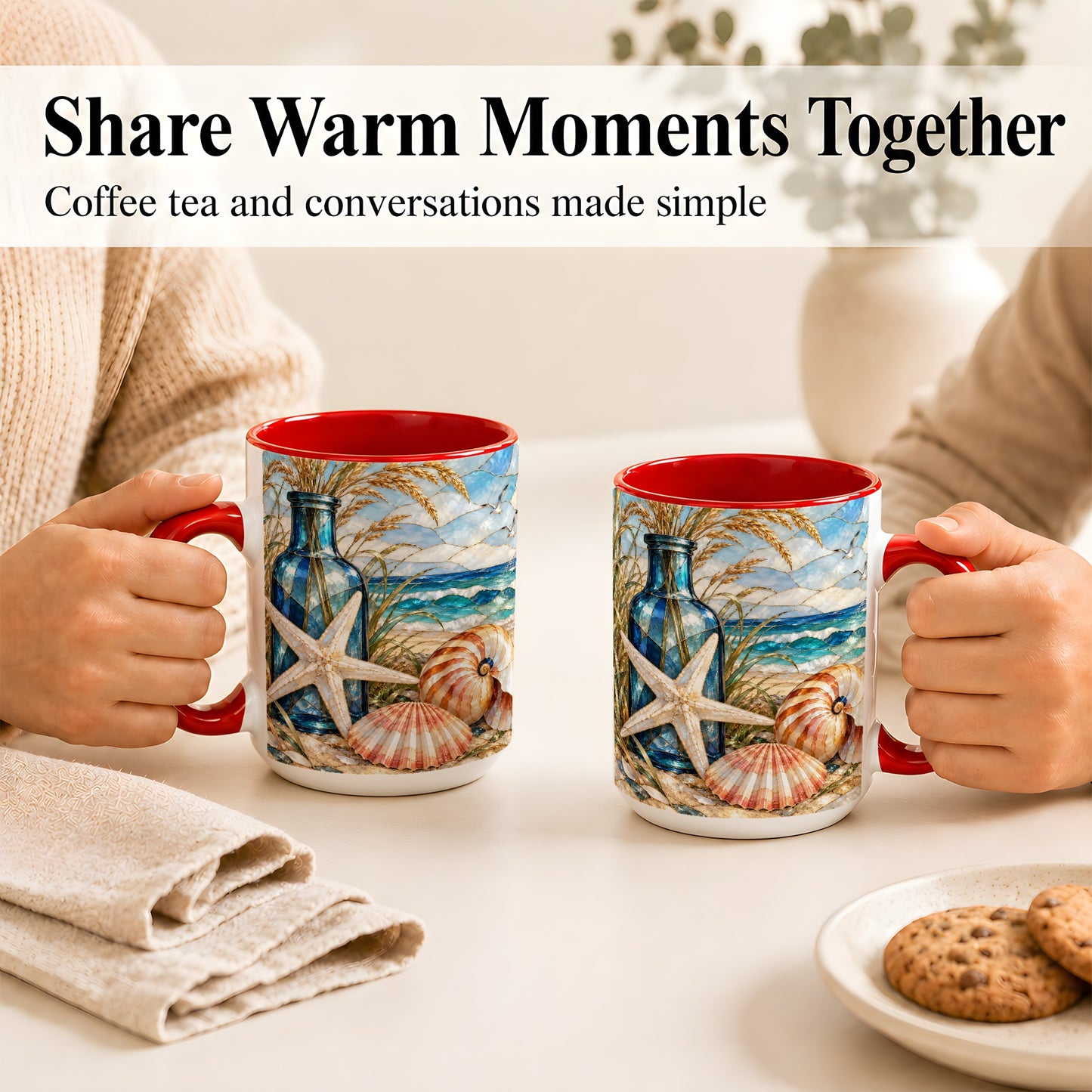 #pl[15oz|Red] Coastal Seashell Coffee Mug, Stained Glass Style Mug, Ceramic Cup
