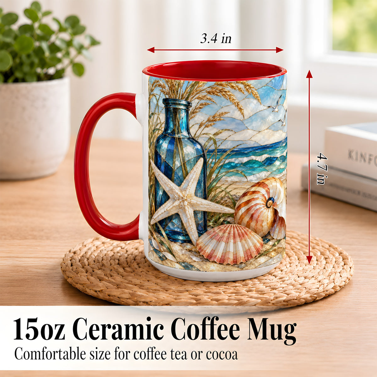 #pl[15oz|Red] Coastal Seashell Coffee Mug, Stained Glass Style Mug, Ceramic Cup