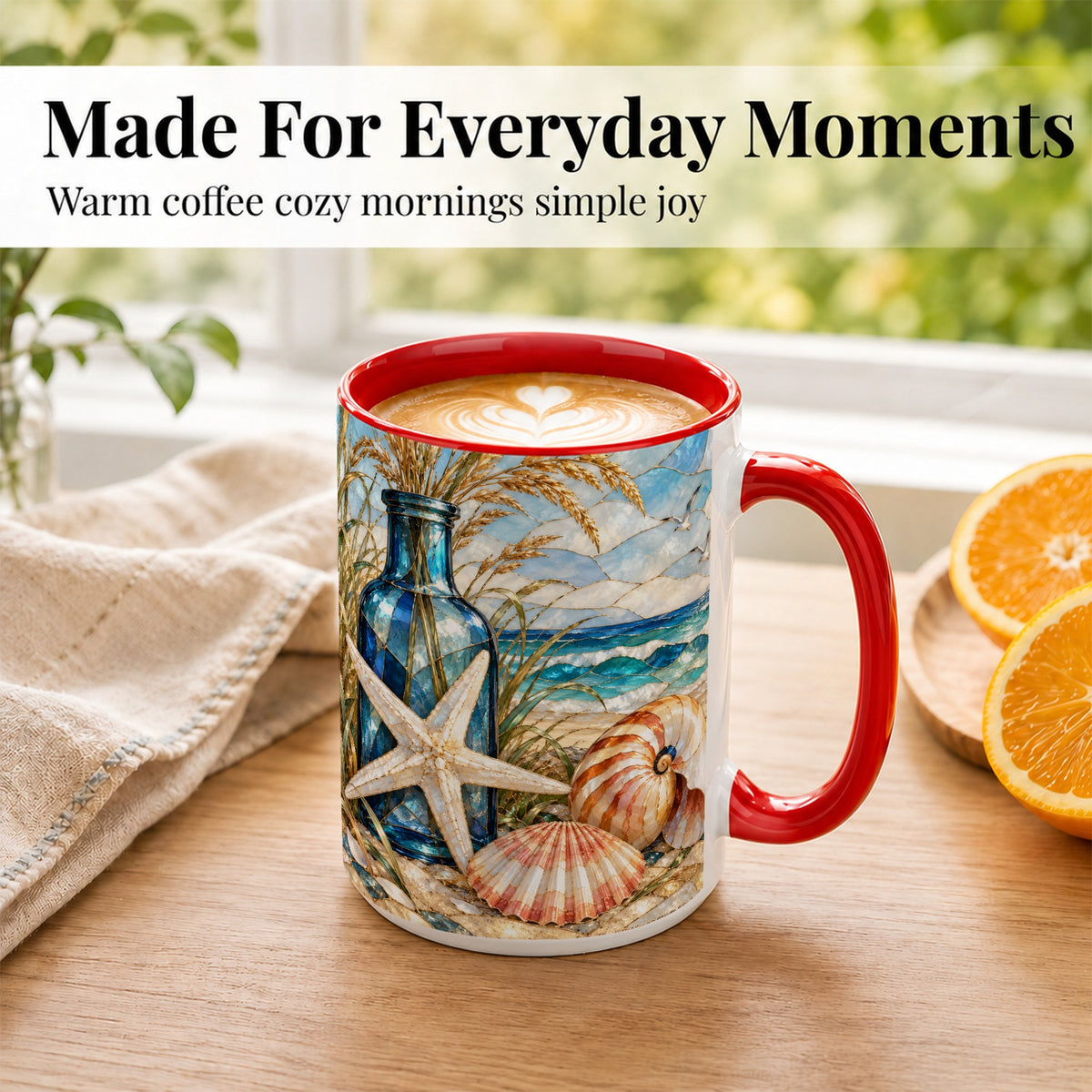 #pl[15oz|Red] Coastal Seashell Coffee Mug, Stained Glass Style Mug, Ceramic Cup