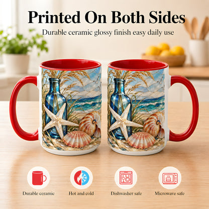 #pl[15oz|Red] Coastal Seashell Coffee Mug, Stained Glass Style Mug, Ceramic Cup