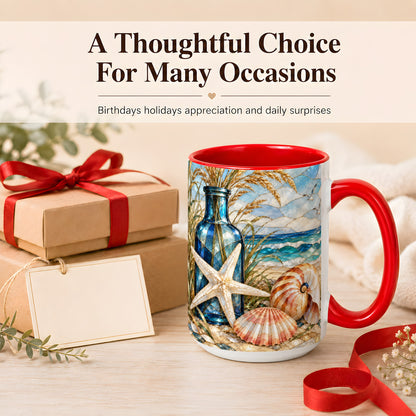 #pl[15oz|Red] Coastal Seashell Coffee Mug, Stained Glass Style Mug, Ceramic Cup
