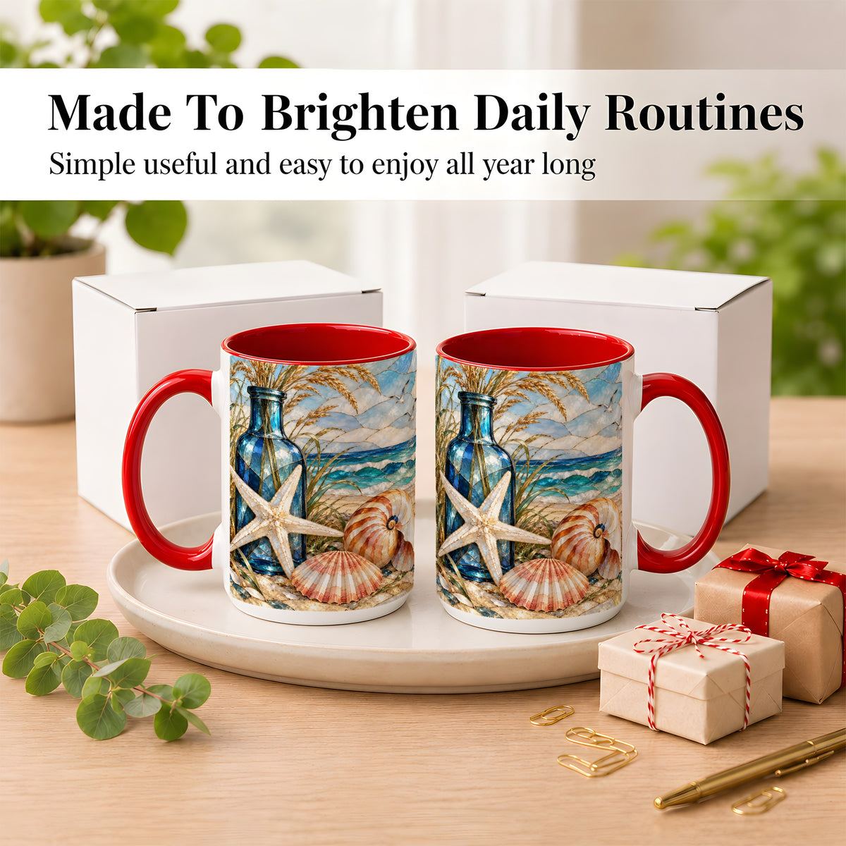 #pl[15oz|Red] Coastal Seashell Coffee Mug, Stained Glass Style Mug, Ceramic Cup