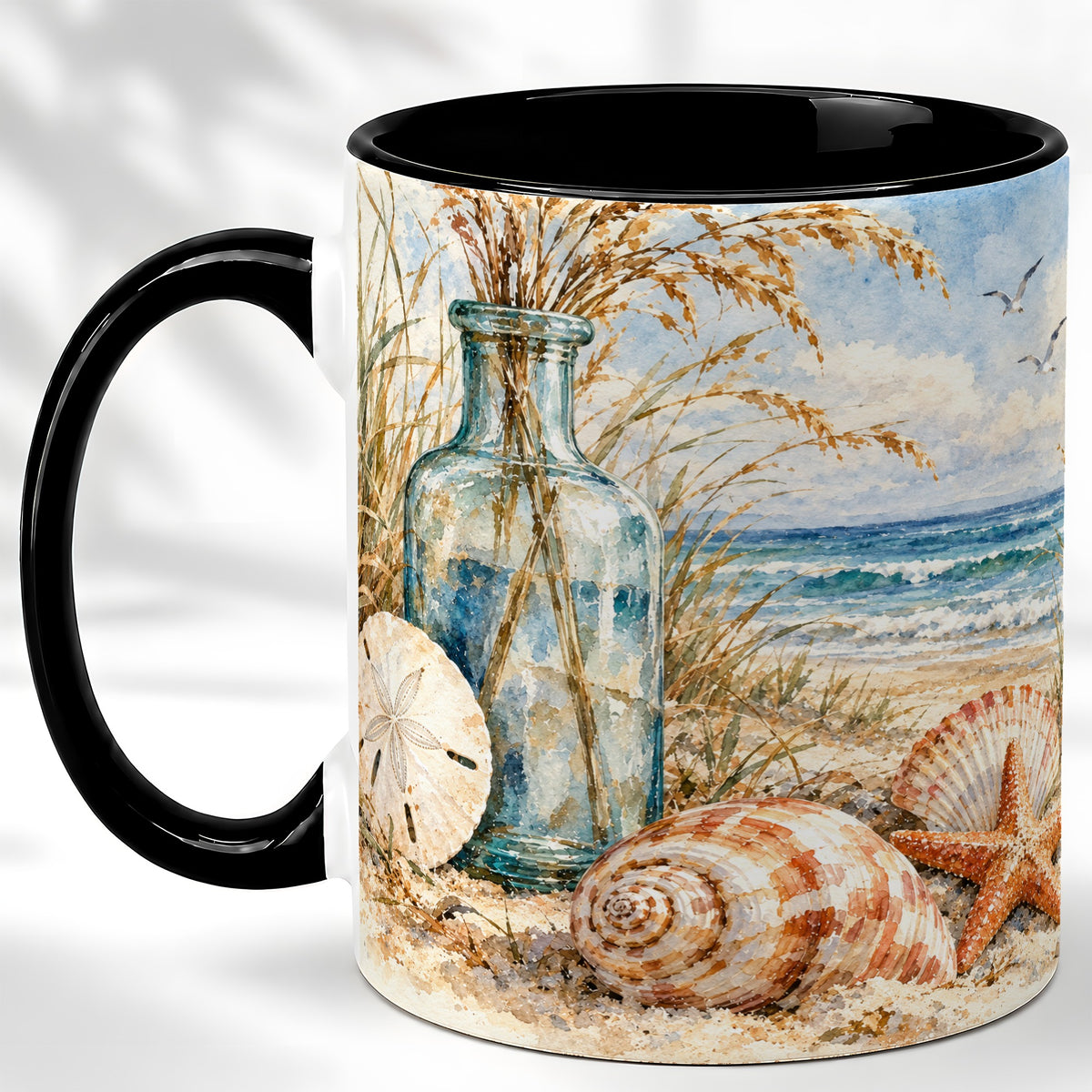 #pl[11oz|Black] Watercolor Seashell Coffee Mug, Coastal Beach Mug, Ceramic Cup