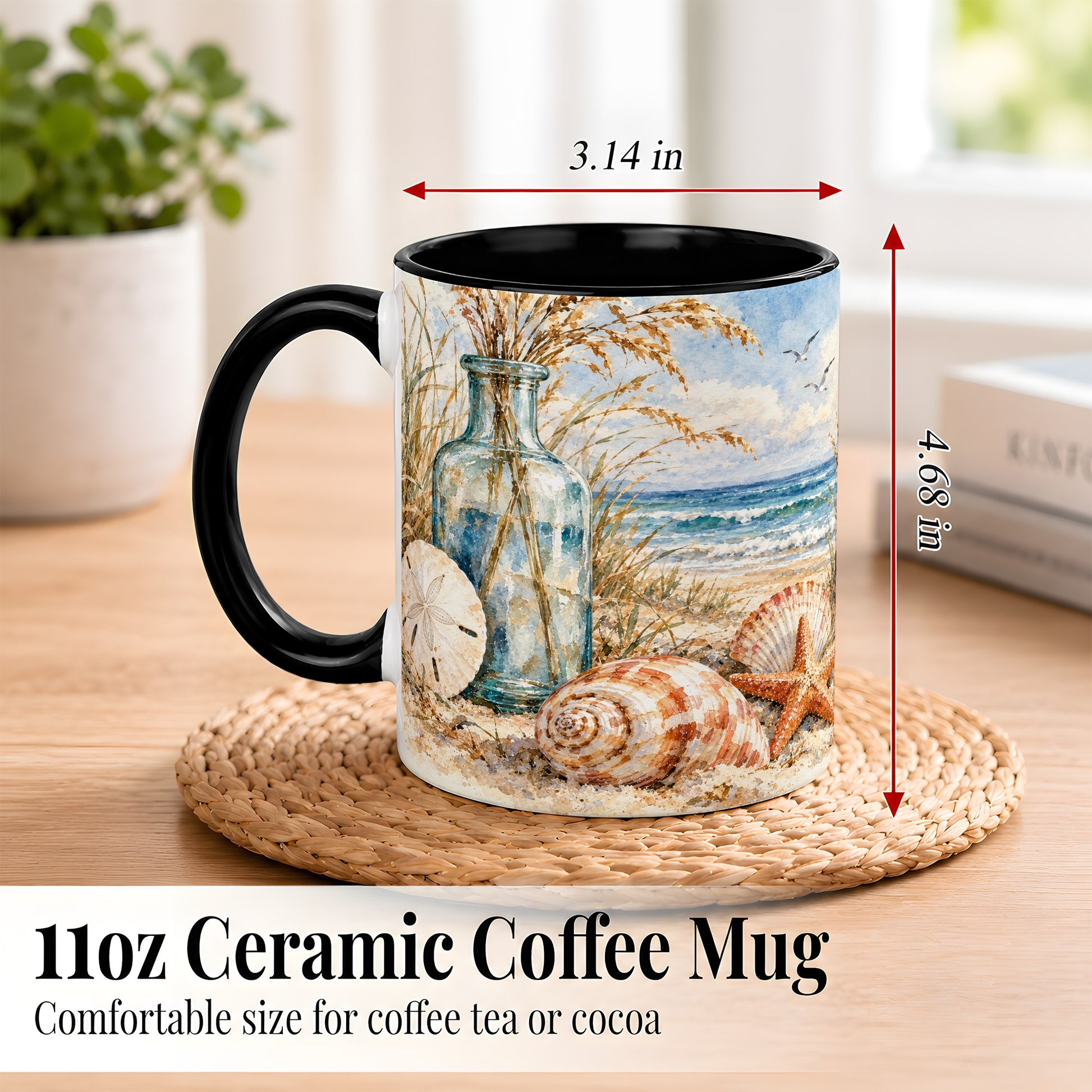 #pl[11oz|Black] Watercolor Seashell Coffee Mug, Coastal Beach Mug, Ceramic Cup