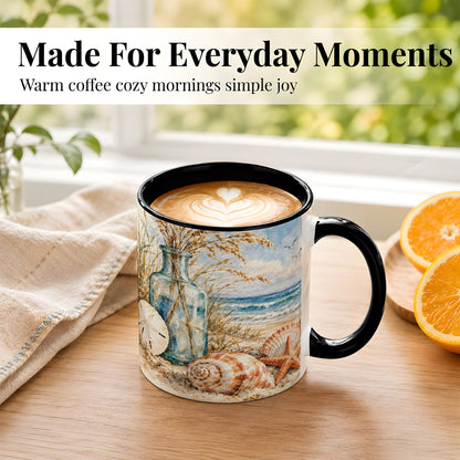 #pl[11oz|Black] Watercolor Seashell Coffee Mug, Coastal Beach Mug, Ceramic Cup