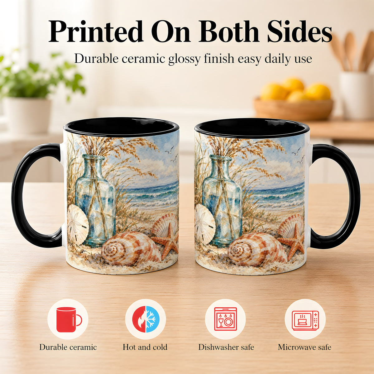 #pl[11oz|Black] Watercolor Seashell Coffee Mug, Coastal Beach Mug, Ceramic Cup