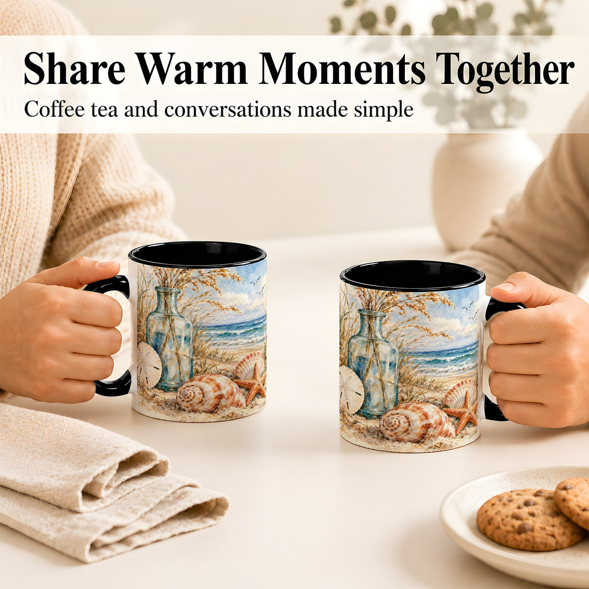 #pl[11oz|Black] Watercolor Seashell Coffee Mug, Coastal Beach Mug, Ceramic Cup