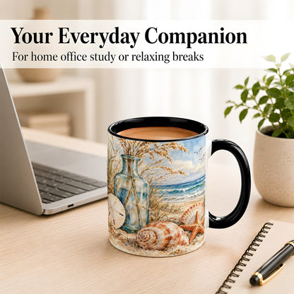 #pl[11oz|Black] Watercolor Seashell Coffee Mug, Coastal Beach Mug, Ceramic Cup