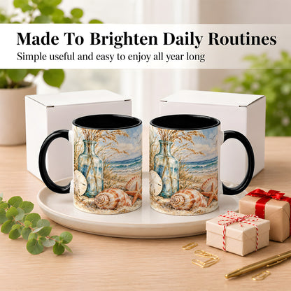 #pl[11oz|Black] Watercolor Seashell Coffee Mug, Coastal Beach Mug, Ceramic Cup