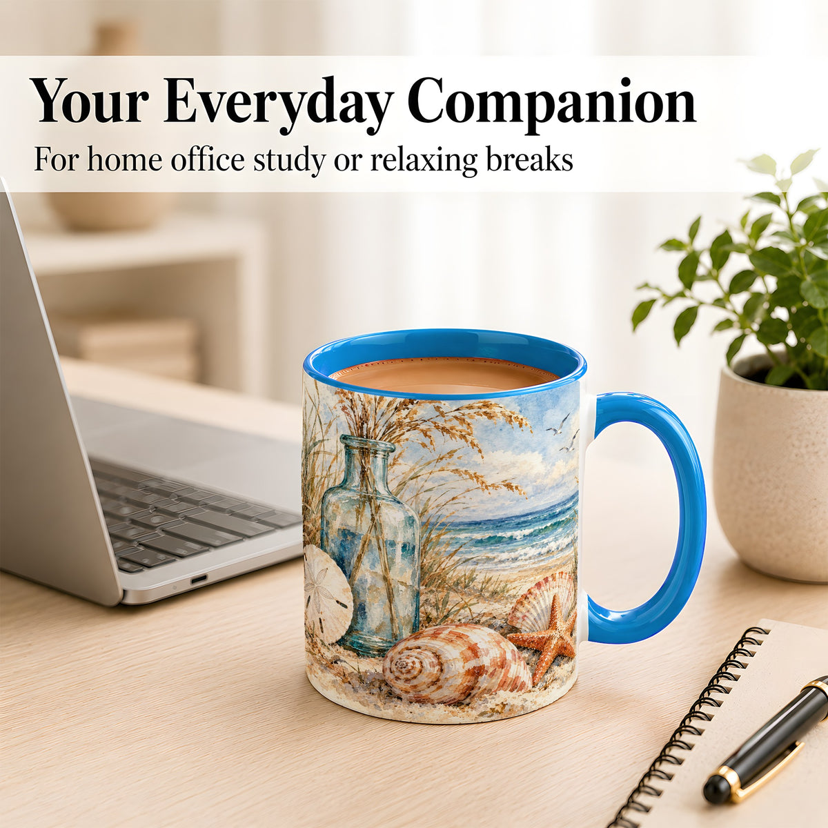 #pl[11oz|Blue] Watercolor Seashell Coffee Mug, Coastal Beach Mug, Ceramic Cup