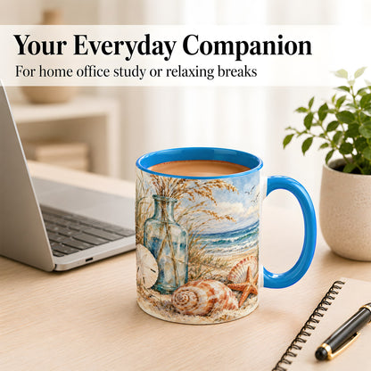 #pl[11oz|Blue] Watercolor Seashell Coffee Mug, Coastal Beach Mug, Ceramic Cup